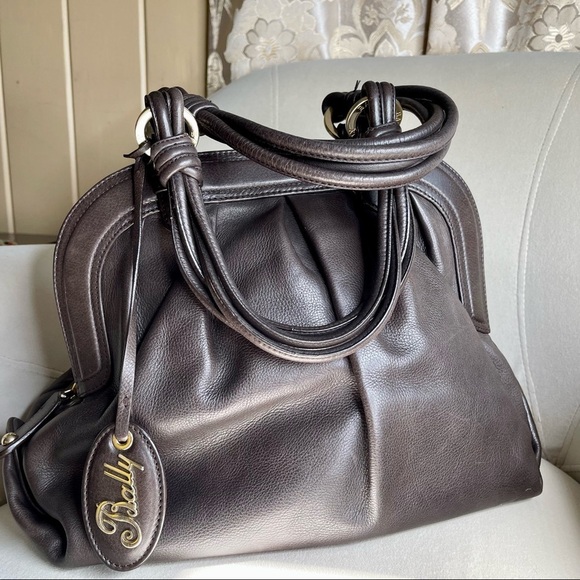 BALLY Purse Brown LEATHER Shoulder Bag Double Strap Handbag Classic Gold Accent - Picture 1 of 8